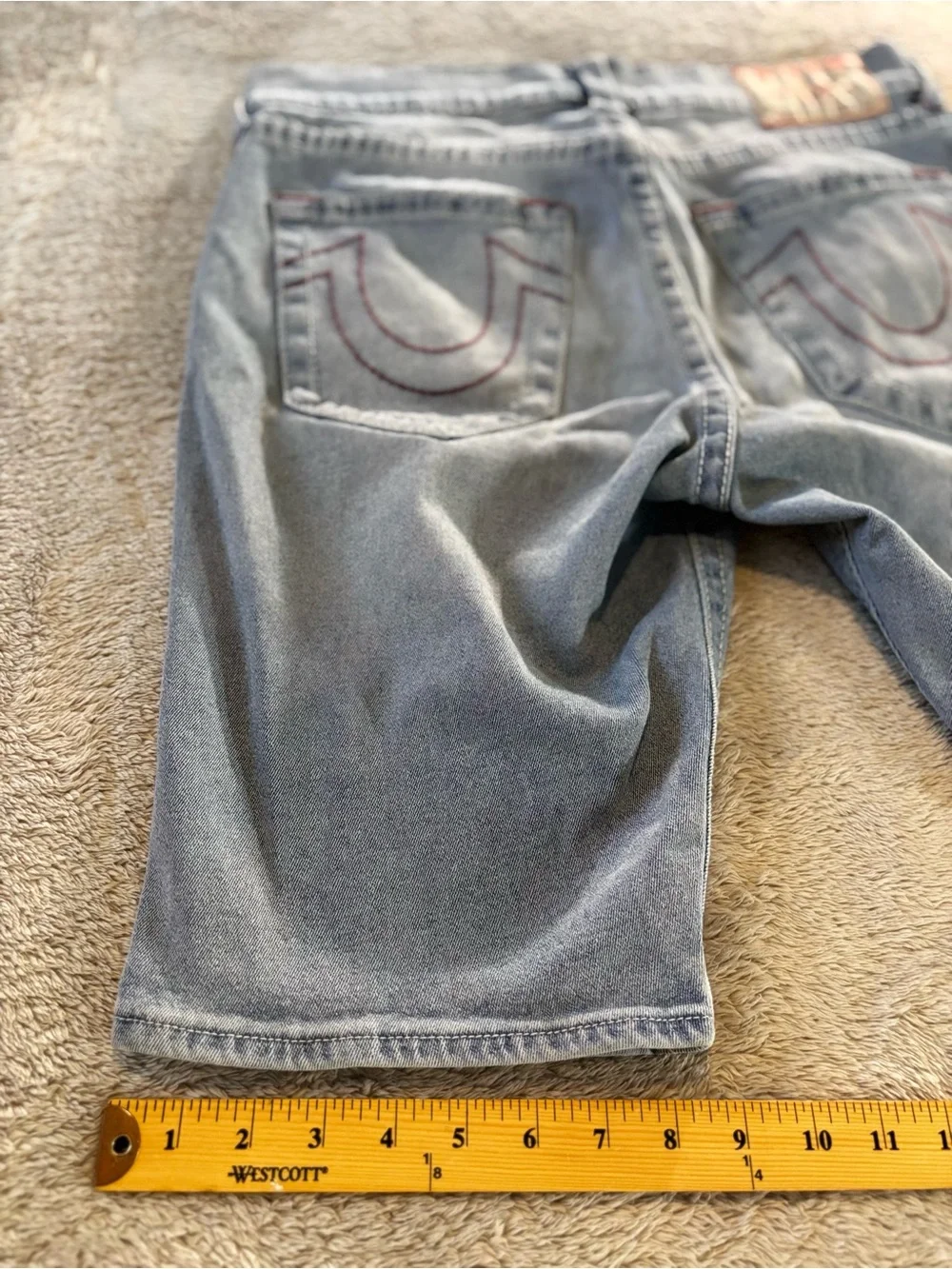True Religion Light Wash Denim Rocco Skinny Jean Shorts with Red Stitching